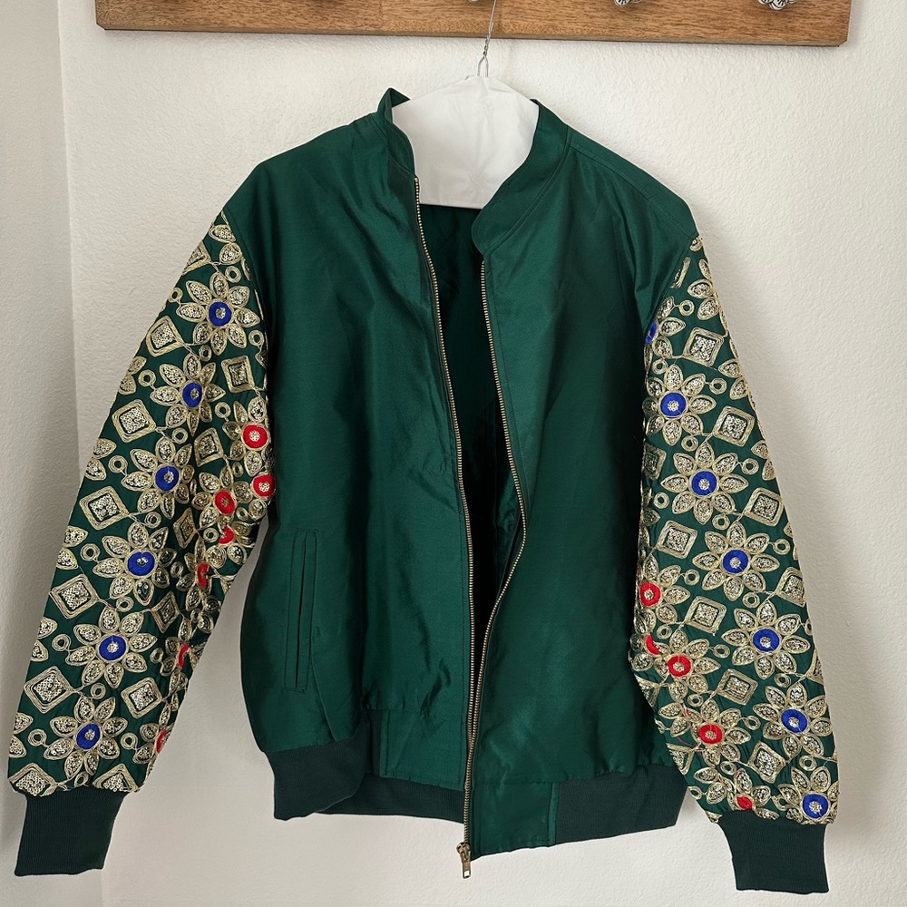 Indian embellished green bomber jacket- worn once- size M